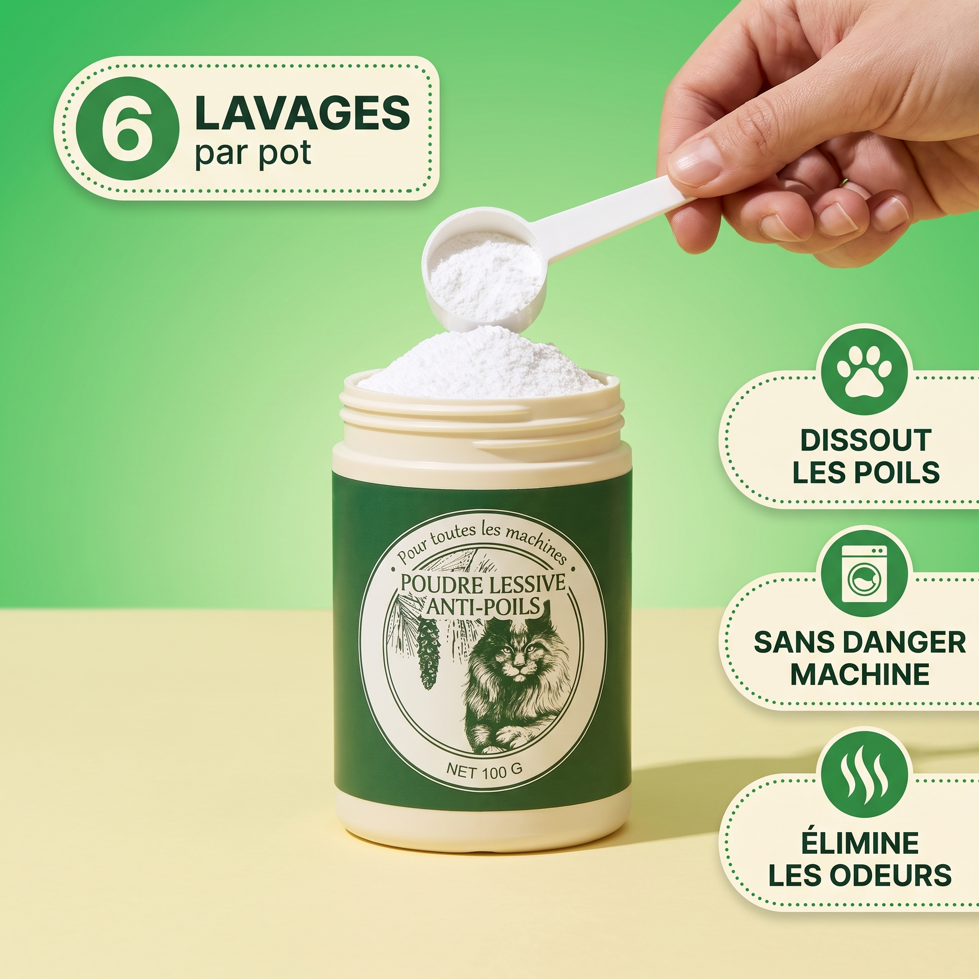 Floof Clean - poudre anti-poils, 6 lavages par pot